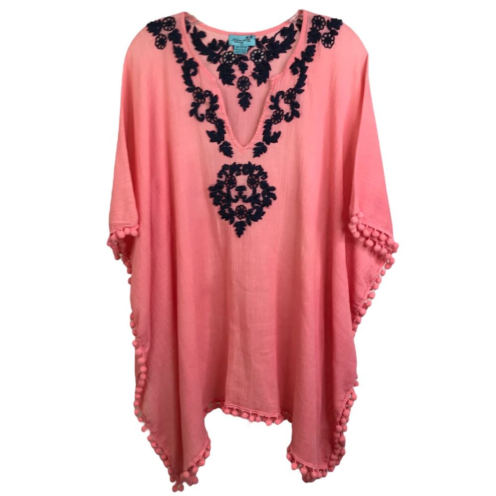 Letarte Handmade Cover Up Womens S Salmon Pink‎ Embroidered Floral Beach Pompom